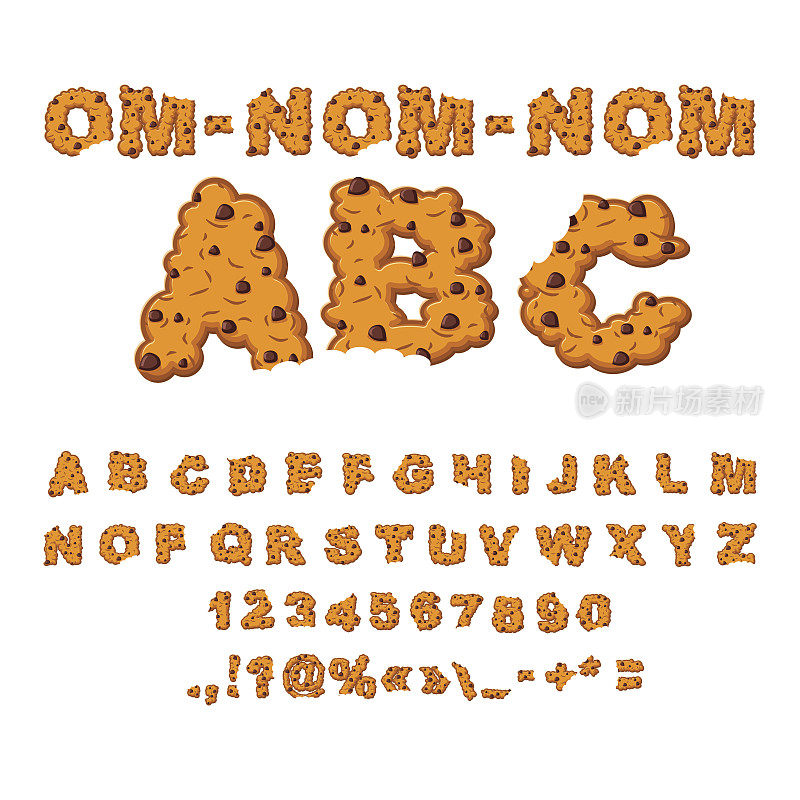 Om nom nom ABC。饼干的字体。饼干与巧克力滴字母。字母饼干。食物刻字。可食用的排版。饼干和燕麦糕点
